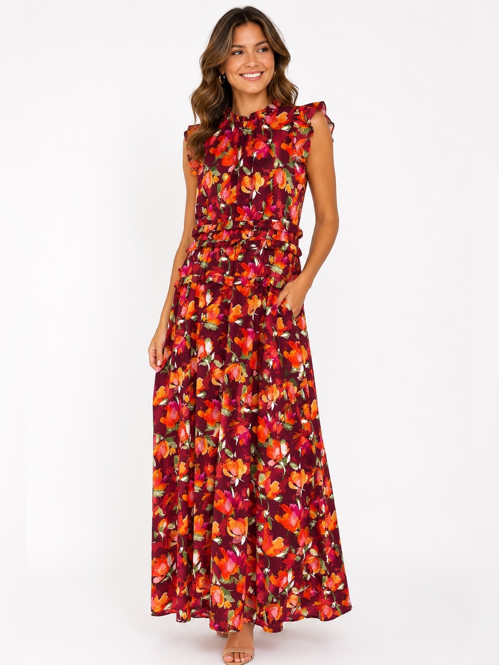 Vince Camuto Chiffon Floral Ruffle Maxi Dress Burgundy NWT Wedding Guest Size